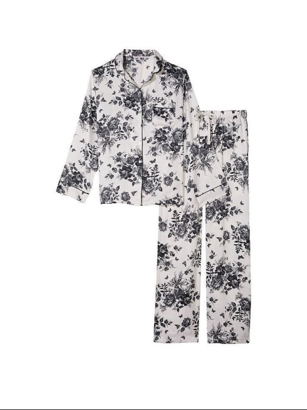 NWOT Victoria's Secret Satin Black and White Floral Pajama Set